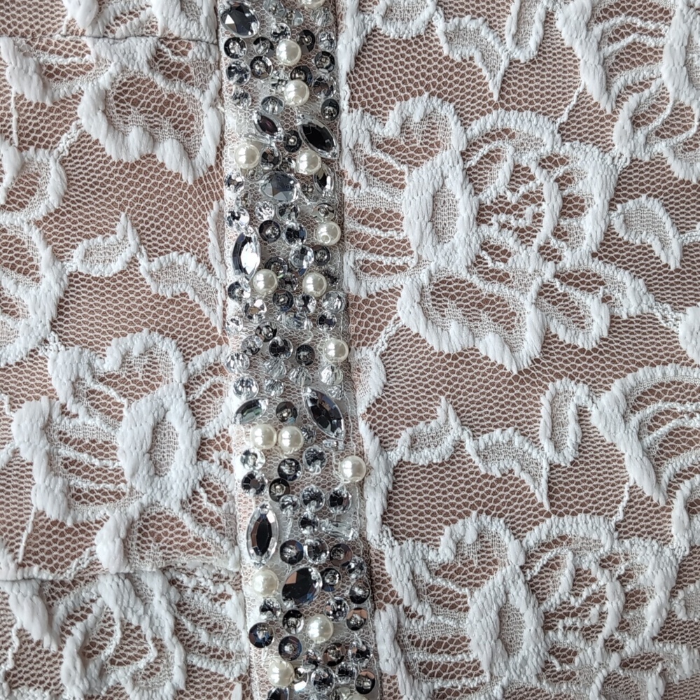 Long Lace Dress with Cutaway Bodice and Slit Skirt - Picture 4 of 14